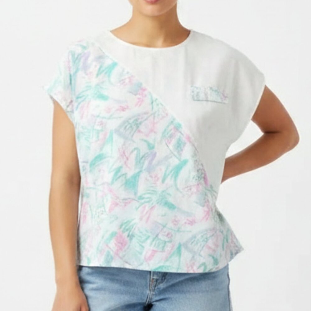 Vintage 80s Short Sleeve Top Jazz Memphis Vaporwave White Teal Retro Whimsical